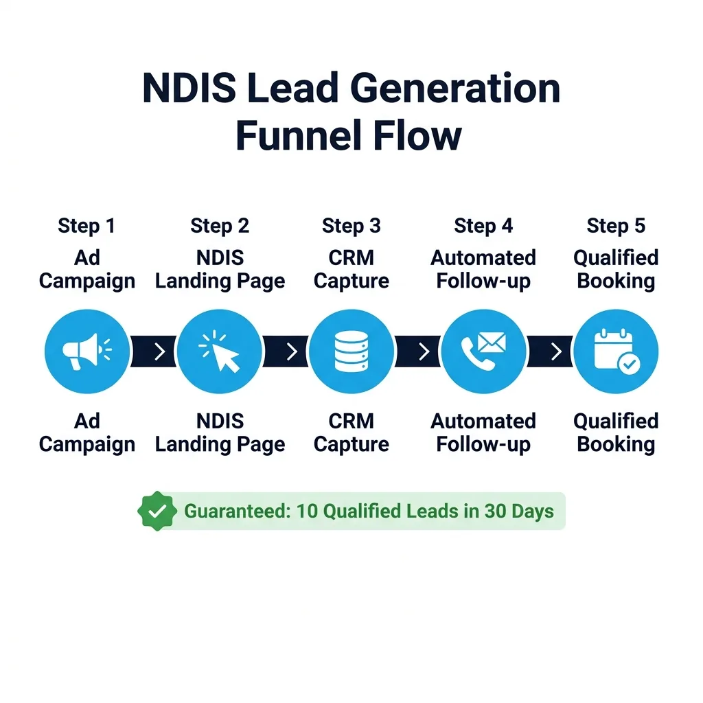 ProviderRank 5-Step NDIS Lead Generation Flow — Ad Campaign to Qualified Booking